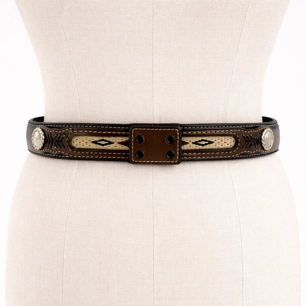 Nocona Belt Co Brown Leather Western‎ Horsehair Inlay Concho Belt SZ 28 N441580